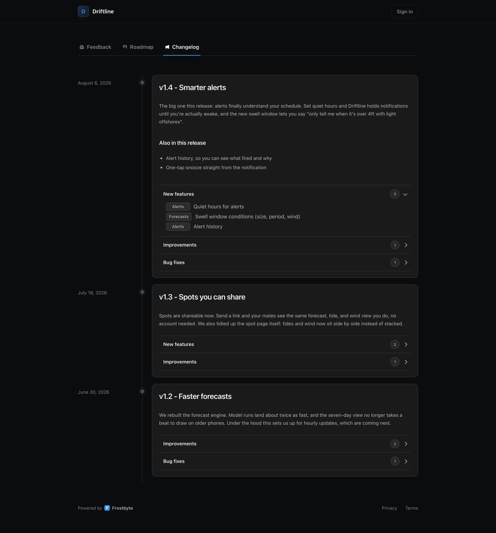 Public portal changelog showing a timeline of releases with notes and task breakdowns grouped by type